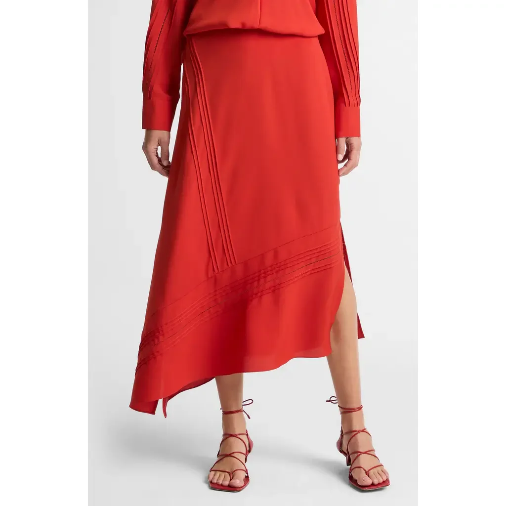 Vince Vince Pintuck Asymmetric Maxi Slip Skirt in Poppy — Women Spring red Skirts