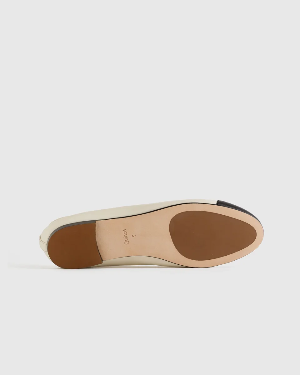 Quince Quince | Women's Italian Leather Cap-Toe Ballet Flat in Bone/Black — Women Winter ivory Accessories