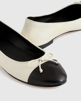 Quince Quince | Women's Italian Leather Cap-Toe Ballet Flat in Bone/Black — Women Winter ivory Accessories