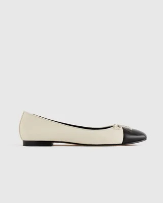 Quince Quince | Women's Italian Leather Cap-Toe Ballet Flat in Bone/Black — Women Winter ivory Accessories