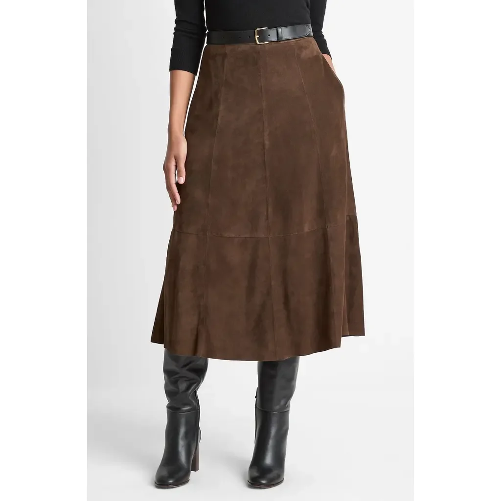Vince Vince Flared Suede Skirt in Deep Espresso — Women Autumn chocolate Skirts