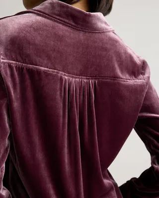 Quince Quince | Women's Stretch Silk Velvet Long Sleeve Shirt in Wine Tasting Red — Women Winter burgundy Blouses