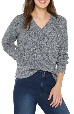 NIC+ZOE NIC+ZOE Shaker Stitch V-Neck Sweater in Indigo Mix — Women Summer black Tops