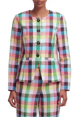 Boden Boden Hampstead Linen Blazer in Soft Yellow Pink Multigingham — Women Spring pink Outerwear