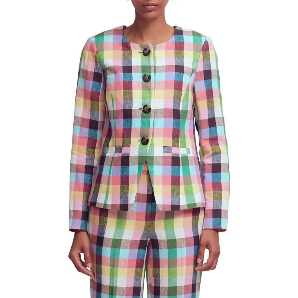 Boden Boden Hampstead Linen Blazer in Soft Yellow Pink Multigingham — Women Spring pink Outerwear