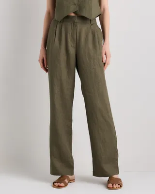 Quince Quince | Women's 100% European Linen Pleated Trouser in Bayberry Olive — Women Autumn grey Trousers & Chinos