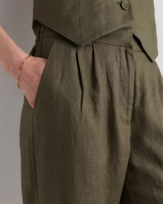Quince Quince | Women's 100% European Linen Pleated Trouser in Bayberry Olive — Women Autumn grey Trousers & Chinos