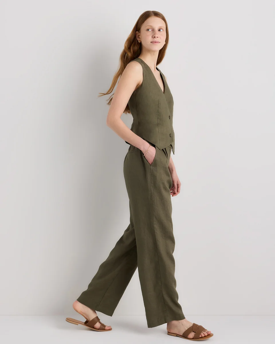 Quince Quince | Women's 100% European Linen Pleated Trouser in Bayberry Olive — Women Autumn grey Trousers & Chinos
