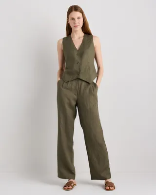 Quince Quince | Women's 100% European Linen Pleated Trouser in Bayberry Olive — Women Autumn grey Trousers & Chinos