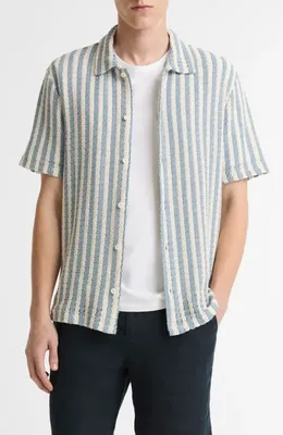 Vince Vince Beach Stripe Cotton-Blend Button-Front Shirt in Uniform Blue Combo — Men Summer white Button-Down Shirts