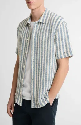 Vince Vince Beach Stripe Cotton-Blend Button-Front Shirt in Uniform Blue Combo — Men Summer white Tops