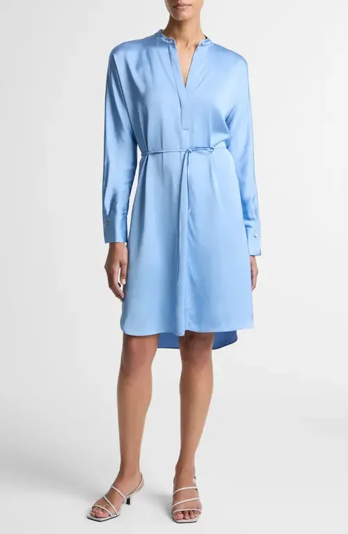Vince Vince Band Collar Long Sleeve Satin Dress in Hydra — Women Summer blue Dresses