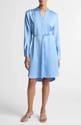 Vince Vince Band Collar Long Sleeve Satin Dress in Hydra — Women Summer blue Dresses