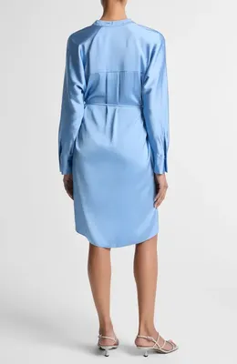 Vince Vince Band Collar Long Sleeve Satin Dress in Hydra — Women Summer blue Dresses