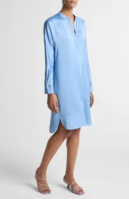 Vince Vince Band Collar Long Sleeve Satin Dress in Hydra — Women Summer blue Dresses