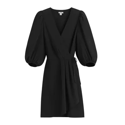 Cuyana Silk Wrap Mini Dress in black — Winter black Dresses