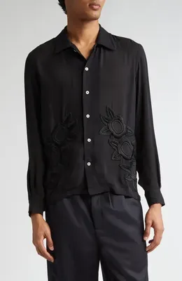 Bode Bode Midnight Daffodil Long Sleeve Silk Button-Up Shirt in Black — Men Winter black Tops