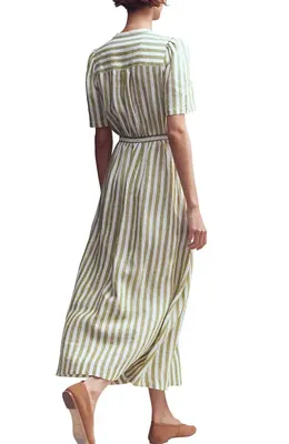 Boden Boden Ivy Linen Midi Dress in Green Stripe — Women Autumn tan Midi Dresses