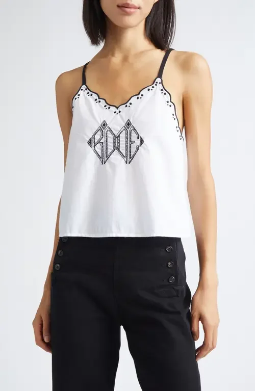 Bode Bode Diamond Monogram Cotton Poplin Tank in White — Women Winter white Tops