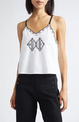 Bode Bode Diamond Monogram Cotton Poplin Tank in White — Women Winter white Tank Tops & Camis