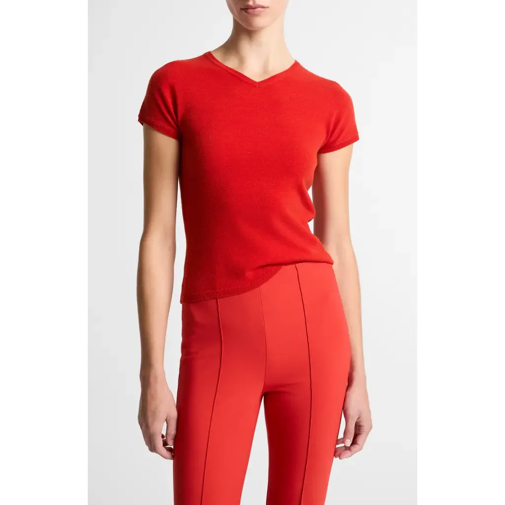 Vince Vince Short Sleeve Wool Blend Sweater in Poppy — Women Winter red Tops