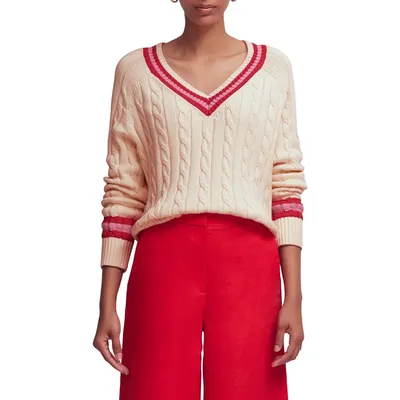 Boden Boden Maeve Cable Stitch Cotton V-Neck Sweater in Ivory Cable Red — Women Spring white Tops