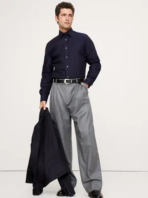 Unknown Slim-Fit Wrinkle-Resistant Dress Shirt in Navy Blue Texture — Men Winter black Tops