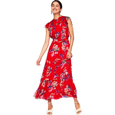 Boden Boden Pleat & Ruffle Floral Print Dress in Red — Women Spring red Dresses