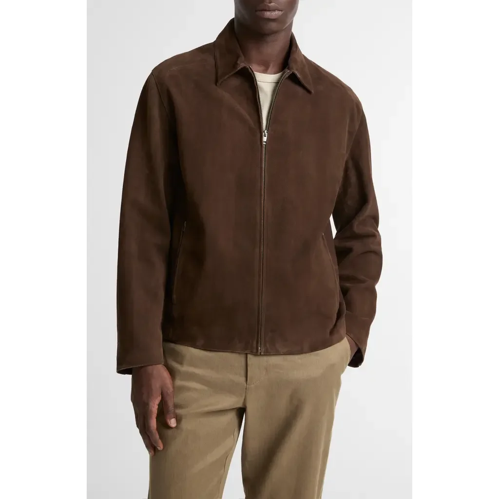 Vince Vince Minimal Moto Suede Zip Jacket in Espresso — Men Autumn chocolate Outerwear