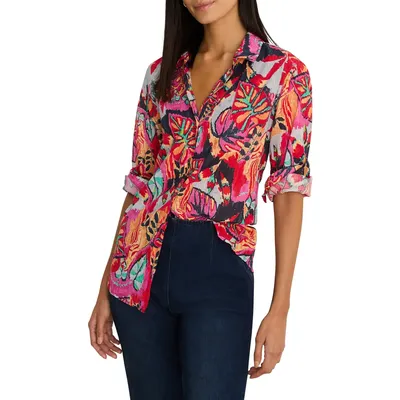 NIC+ZOE NIC+ZOE Kauai Crinkle Cotton Shirt in Red Multi — Women Spring red Tops