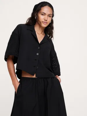 Unknown Boxy Crop Tencel™-Linen Eyelet Shirt in Black — Women Winter black Tops