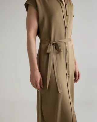 Quince Quince | Women's Washable Stretch Silk Midi Shirt Dress in Dogwood — Women Autumn khaki Midi Dresses