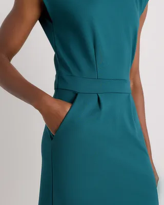 Quince Quince | Women's Ultra-Stretch Ponte Cap Sleeve Dress in Ocean Green — Women Summer teal Dresses