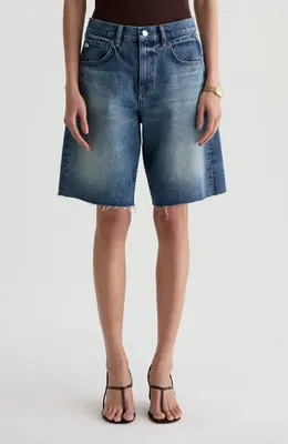 AG AG Hattie Raw Hem High Waist Denim Barrel Shorts in Nostalgia — Women Winter blue Shorts