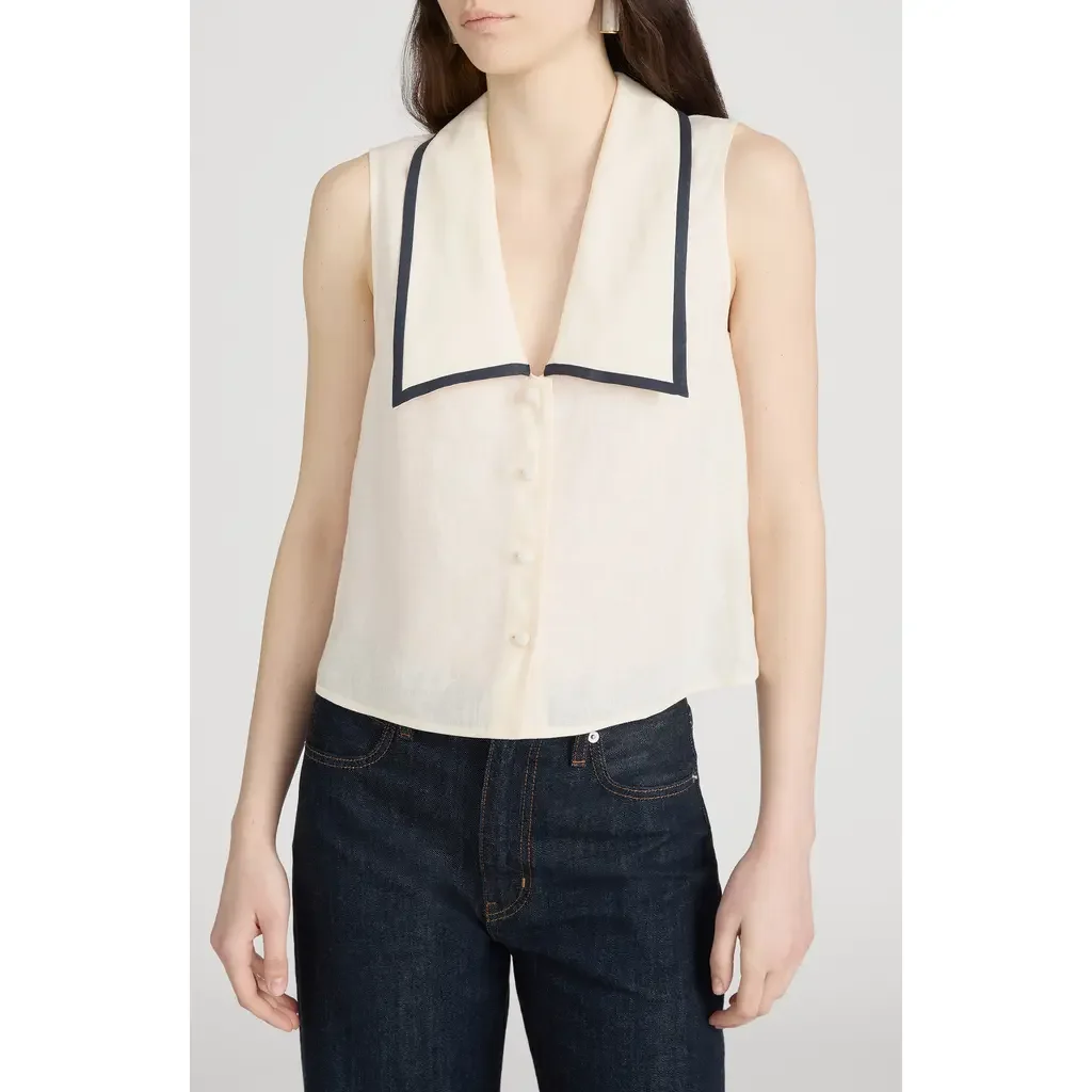 FRAME FRAME The Cabana Linen Button-Up Top in Cream Multi — Women Spring ivory Tops
