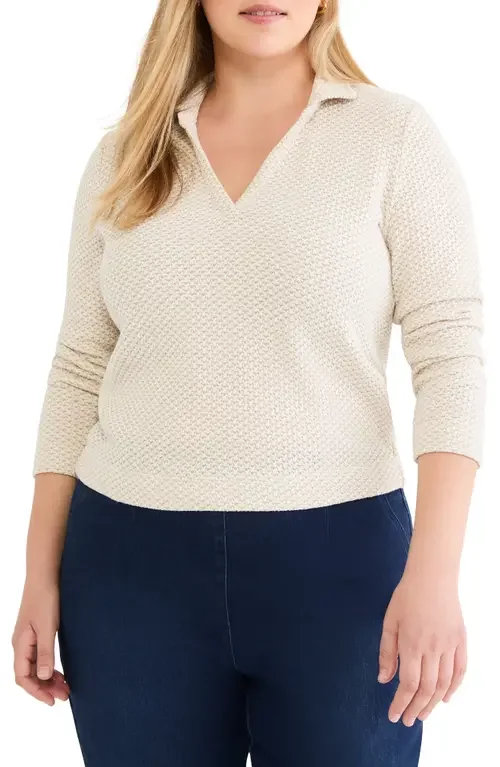 NIC+ZOE NIC+ZOE Textured Johnny Collar Long Sleeve Shirt in Neutral Multi — Women Autumn ivory Tops