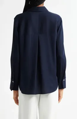 Vince Vince Stretch Silk Button-Up Shirt in Coastal — Women Winter navy Tops