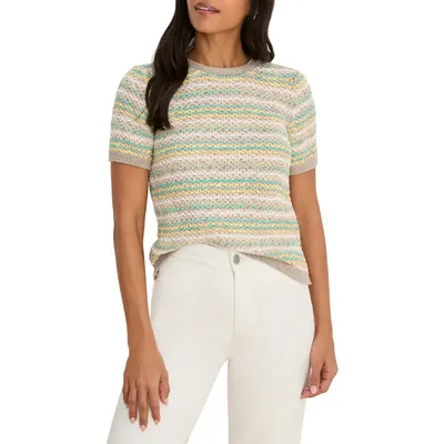 NIC+ZOE NIC+ZOE Stripe Knit Cotton Blend Sweater in Aqua Multi — Women Spring white Tops