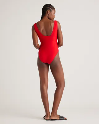 Quince Quince | Women's Italian Plunge One-Piece Swimsuit in Cherry — Women Spring red Swimwear