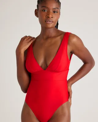 Quince Quince | Women's Italian Plunge One-Piece Swimsuit in Cherry — Women Spring red Swimwear