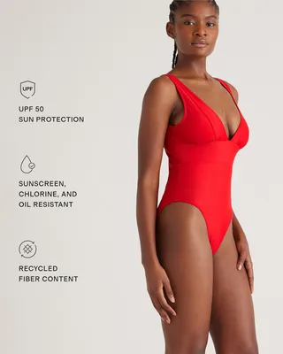 Quince Quince | Women's Italian Plunge One-Piece Swimsuit in Cherry — Women Spring red Swimwear
