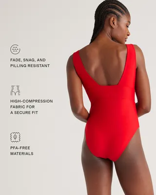 Quince Quince | Women's Italian Plunge One-Piece Swimsuit in Cherry — Women Spring red Swimwear