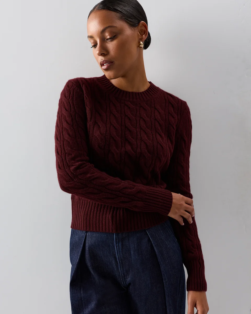 Quince Quince | Women's Mongolian Cashmere Shrunken Cable Crewneck Sweater in Rich Burgundy — Women Autumn burgundy Sweaters & Knits