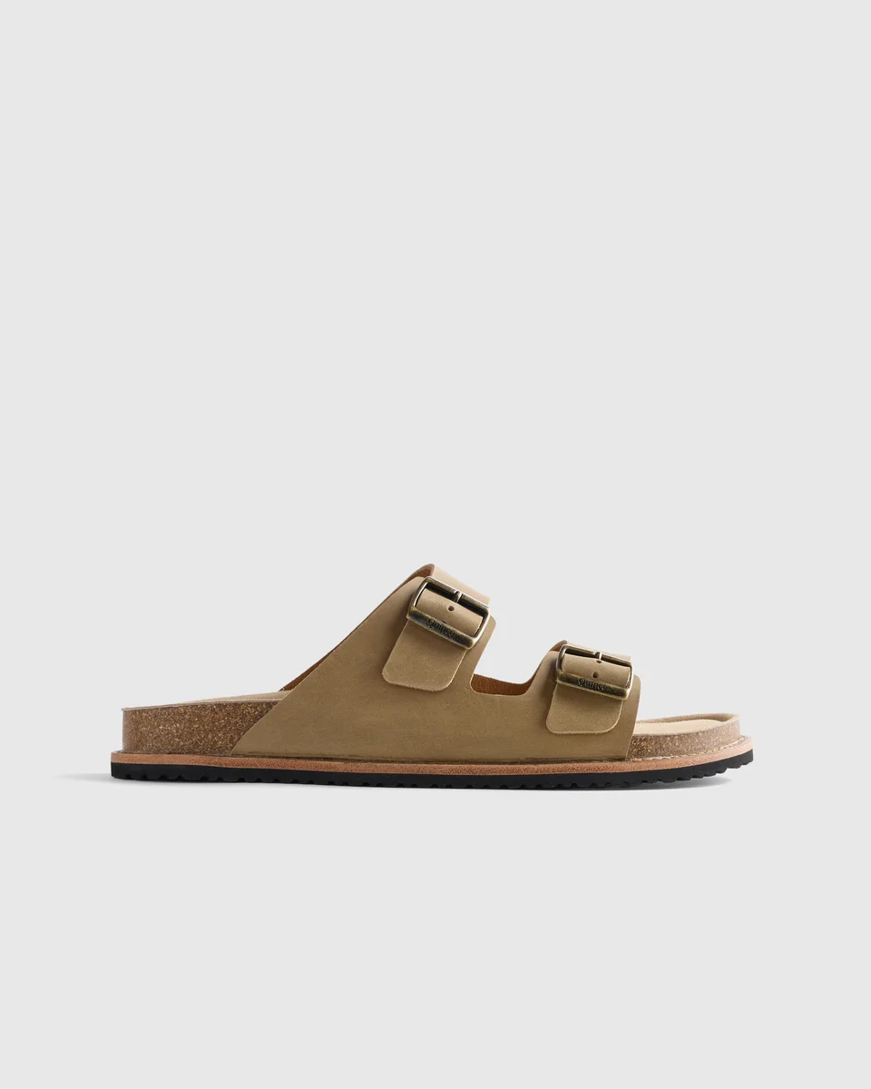Quince Quince | Men's Nubuck Leather Double Buckle Slide in Wheat — Men Autumn camel Accessories