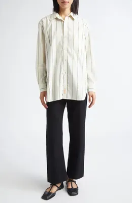 Bode Bode Murray Stripe Cotton Button-Up Shirt in Green/Cream — Women Spring white Tops