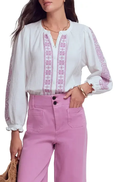 Boden Boden Camille Double Cloth Cotton Top in White Embroidered — Women Spring white Tops