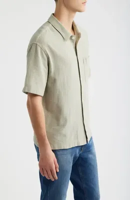 FRAME FRAME Open Weave Short Sleeve Button-Up Shirt in Moss Green — Men Autumn khaki Tops