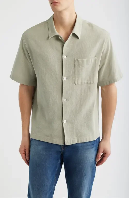 FRAME FRAME Open Weave Short Sleeve Button-Up Shirt in Moss Green — Men Autumn khaki Tops