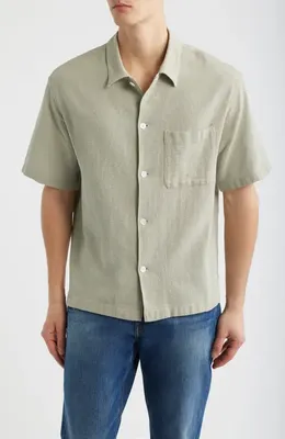 FRAME FRAME Open Weave Short Sleeve Button-Up Shirt in Moss Green — Men Autumn khaki Tops