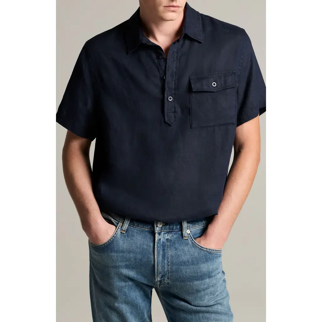 Vince Vince Short Sleeve Linen Popover Shirt in Coastal — Men Winter navy Tops